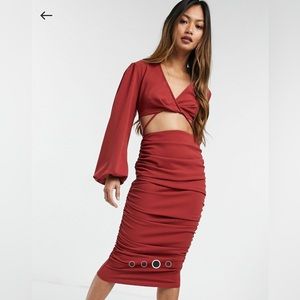ASOS DESIGN cut out strappy shirt midi dress with ruching in rust